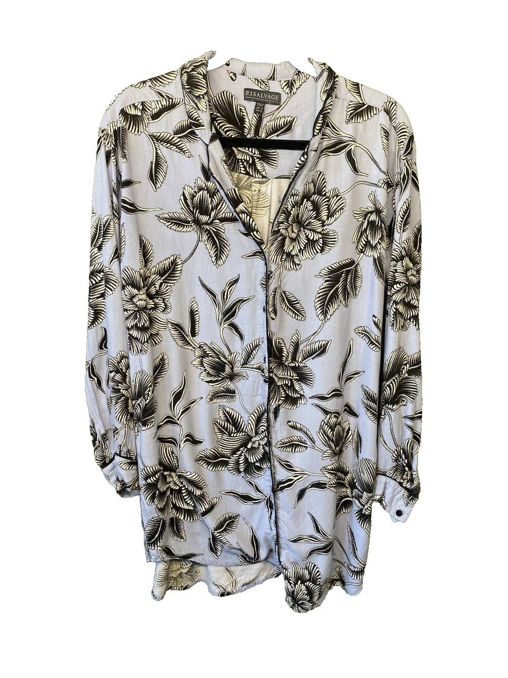 PJ Salvage Pajama Shirt Dress Small Blue & Black Floral Button Front Nightgown